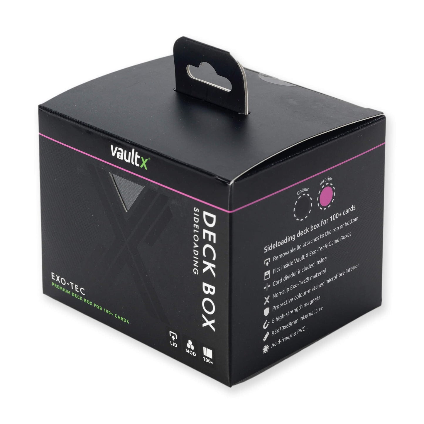 Vault X Exo-Tec® Modular Sideloading Deck Box Module For 100+ Tcg Cards. Detachable Magnetic Lid. Fits Commander & Standard Trading Cards. (Black/Electric Pink)