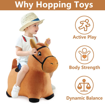 iPlay, iLearn Bouncy Pals Brown Hopping Horse Plush Toy, Medium Inflatable Ride-On Bouncer for Toddlers 18-36 Months