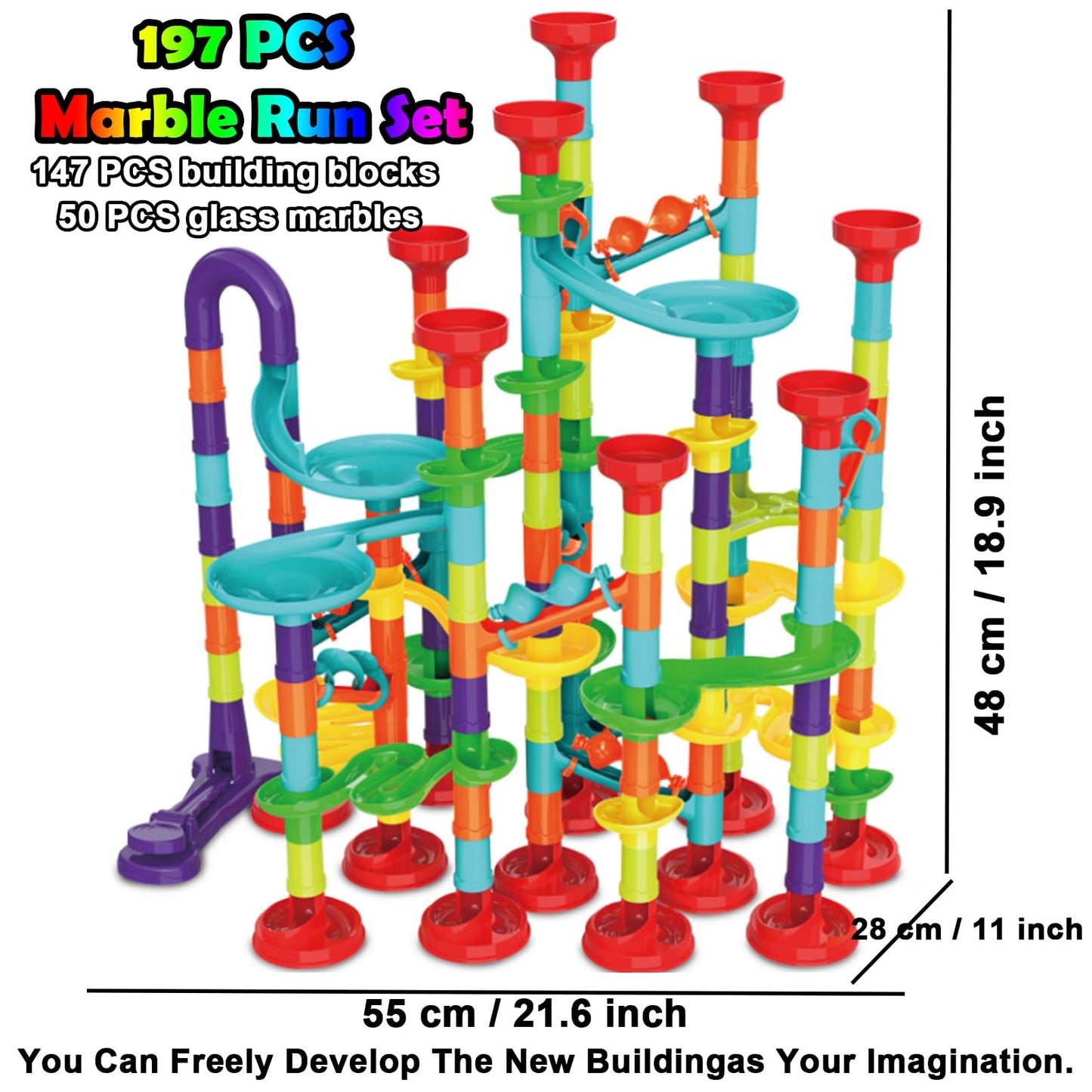 ailixinda Marble Run Set - 197 PCS STEM Building Blocks Toy with 50 Glass Marbles, Multicolor, 2"x3"x0.5" for Kids