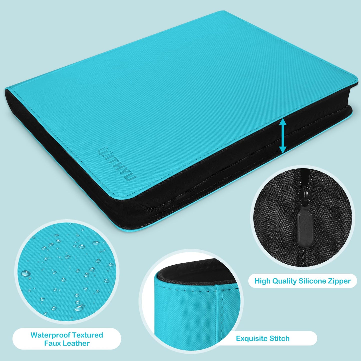 WITHYU Top Loader Binder 9 Pocket for 3x4 Rigid Cards  360 Pockets Collectible Card Album with 20 Toploaders  Trading Card Binder for TCG  MTG  Sports Cards (Aqua Blue)