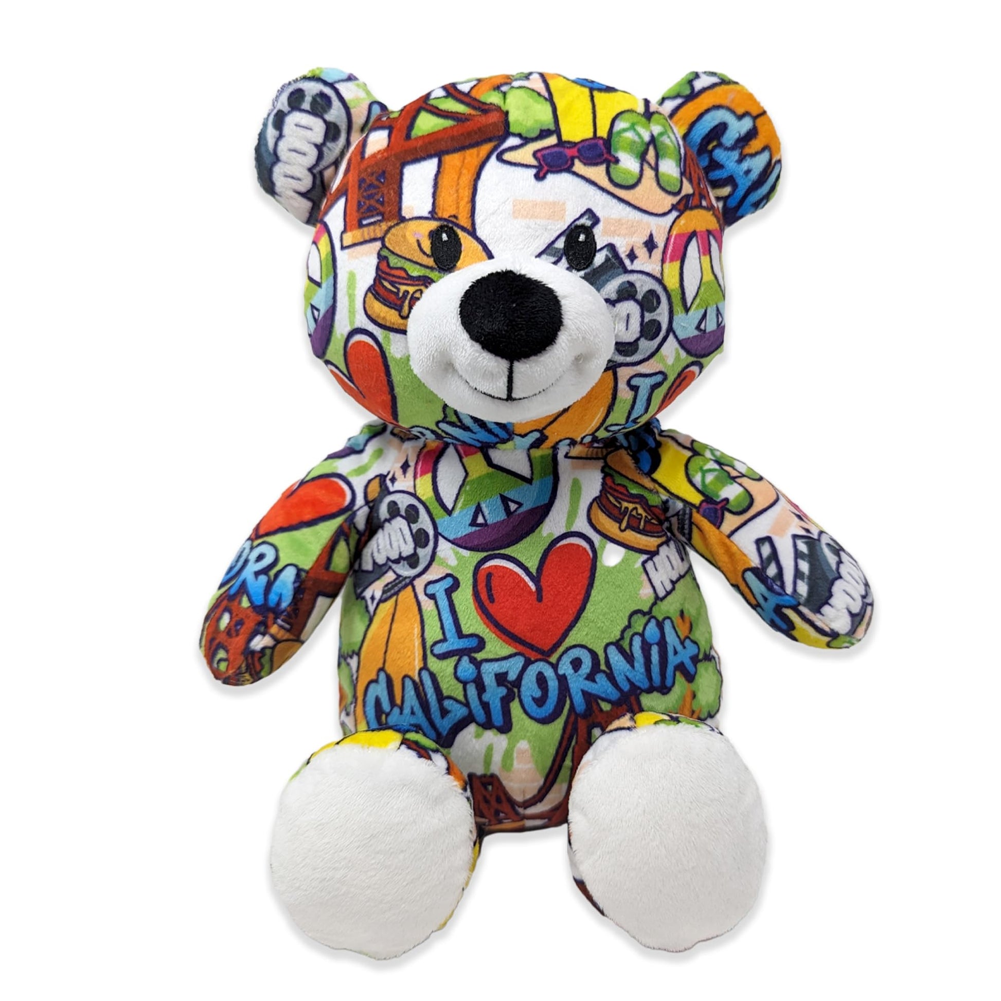 Plushology I Love California Graffiti Teddy Bear Eco Friendly Stuffed Animal; Cuddly Soft Velboa Plush Animal for Kids 3 Years Old to mature-themeds; Child-Safe Embroidered Face Details (10 Tall When Seated)