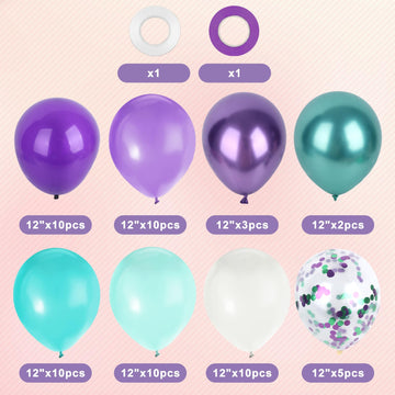 Lovestown 60Pcs Mermaid Balloons, 12 Inches Green White Purple Party Confetti Metallic Latex Balloons With Ribbon For Girls Wedding Baby Shower Mermaid Theme Birthday Party Decorations