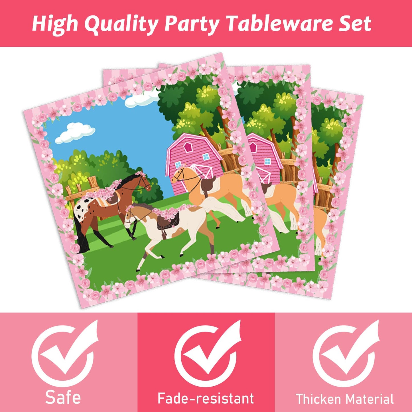 Wiooffen 96 Pieces Horse Birthday Plates Napkins Kentucky Derby Pink Horse Party Decorations Horse Paper Plates Cowgirl Western