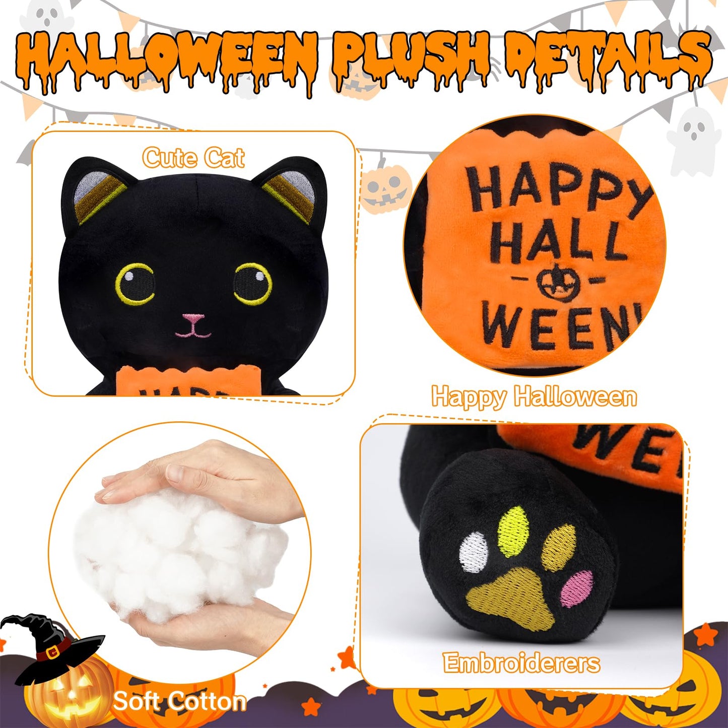 Mufeiruo Halloween Plush,8 Inch Halloween Cat Stuffed Animal,Halloween Black Cat Plushie With Pocket For Kids,Halloween Cat Plush,Gift For Halloween Boys Girls,Halloween Party Favors Decor