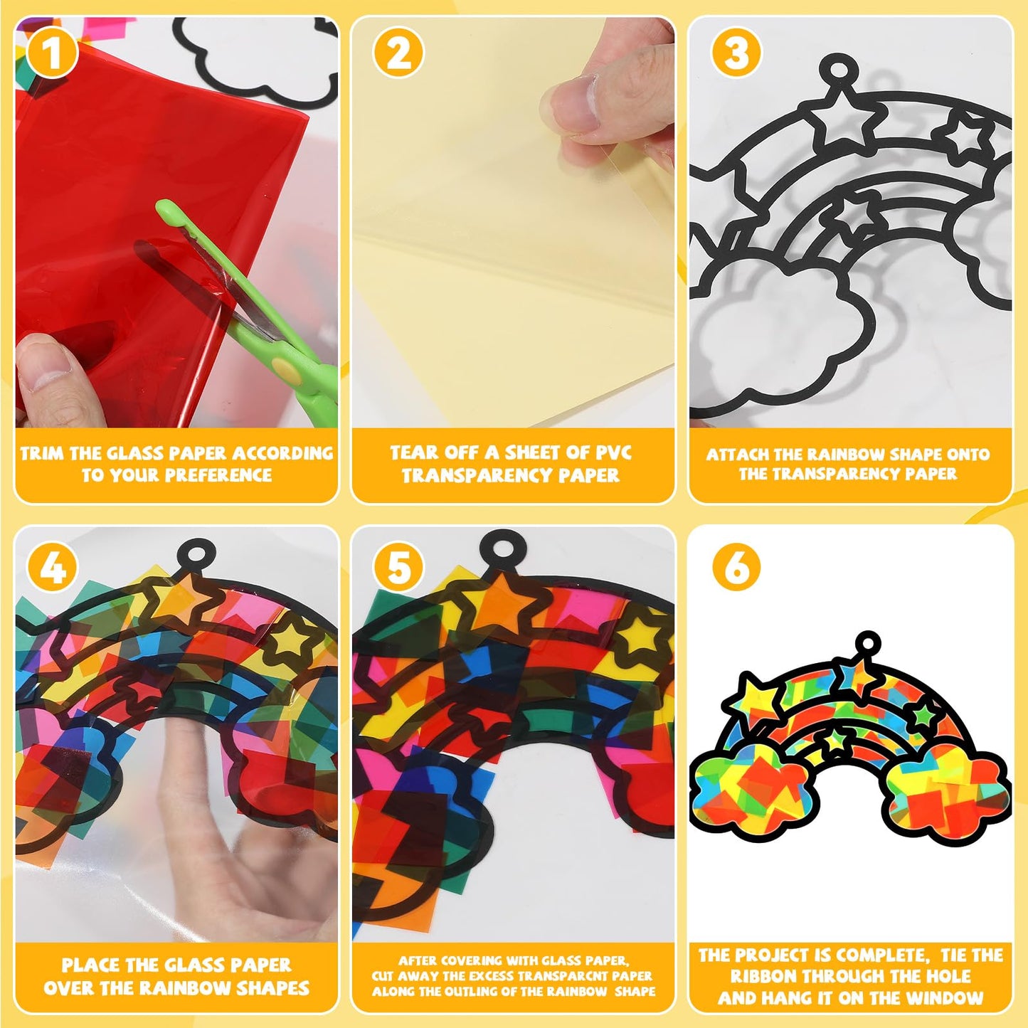 QOUBAI Rainbow Suncatchers Craft Kit - 32 Sets DIY Stained Glass Effect, Paper, 10.04"x10.12", Colorful, Model QB1073