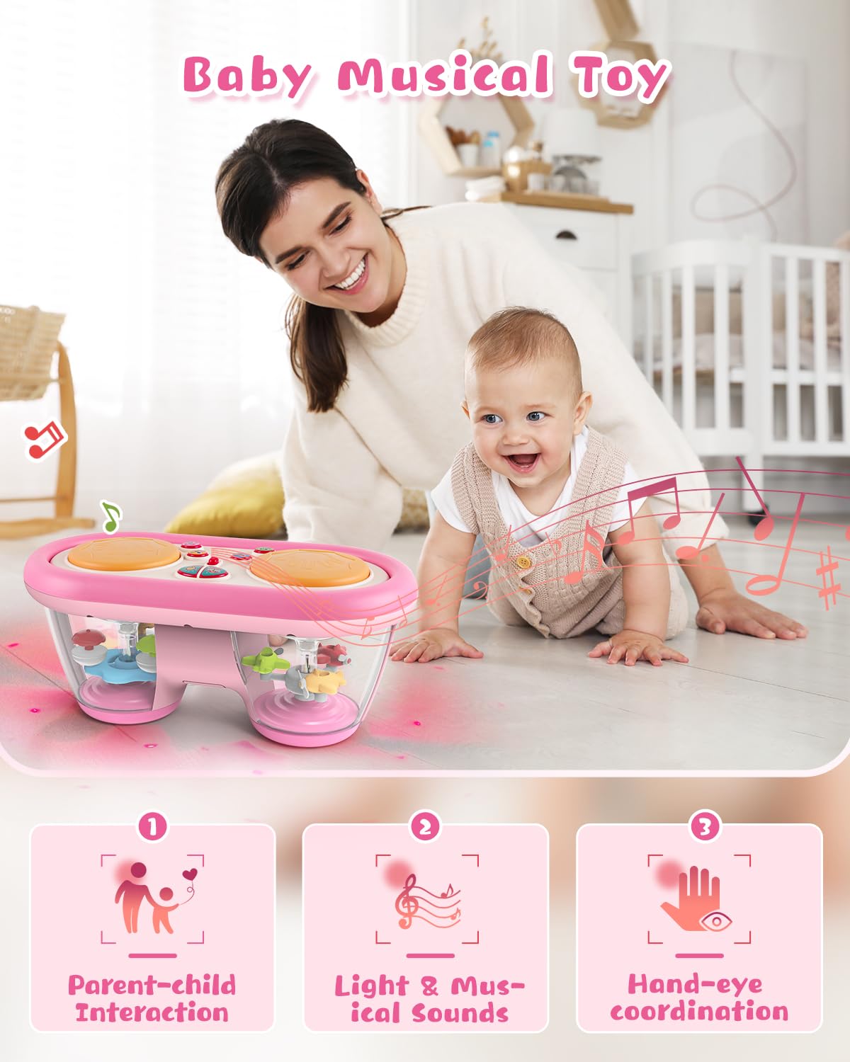 Jhoprcin Baby Toys for 6 to 12 Months: 7 Models Pink Rotating Light Up Drum Musical Instruments for 12-18 Months Kids  Tummy Time Toys for Baby 0-3-6-9 Months  Walker for Boy Girl Gifts