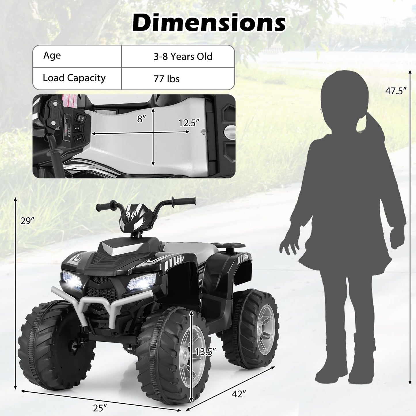 Coszton Atv For Kids, 24V Battery Powered Electric Atv Quad W/Soft Start, Wireless Connection, Music, Radio, Treaded Tires, Led Lights, Kids Ride-On Atv Kids 4-Wheeler For 3-8 Boys & Girls (Black)