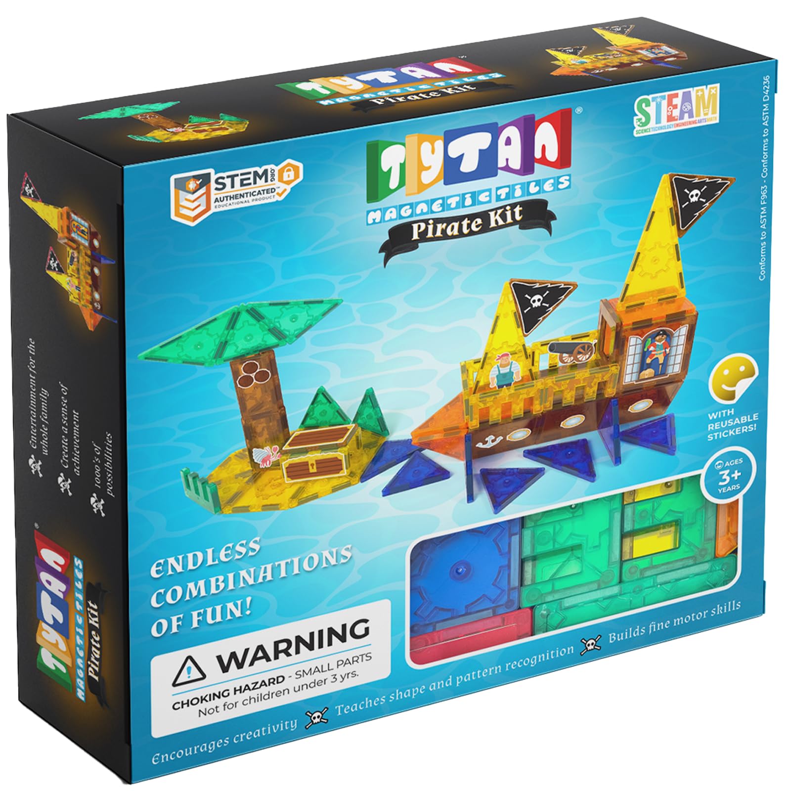 Tytan Tiles Pirate Ship & Island 60-Piece Magnetic Tiles Building Set, Fun Kids Stem Toy, Creative Play, Shape & Pattern Recogni