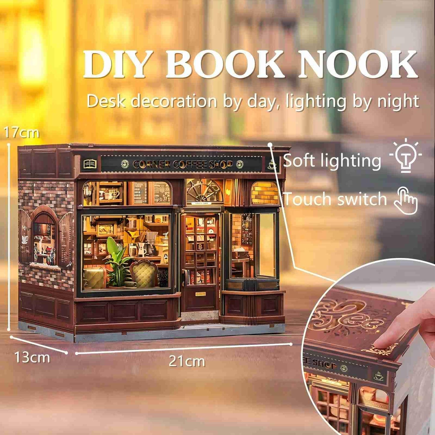 Fsolis Book Nook Kit - DIY Scene Miniature Kit  3D Wooden Puzzles for mature-themeds  294 Pieces  Tiny House Booknook Craft Bookshelf Decor Mini Scale Model  Gifts for Women Puzzle Lovers (Corner Coffee Shop)