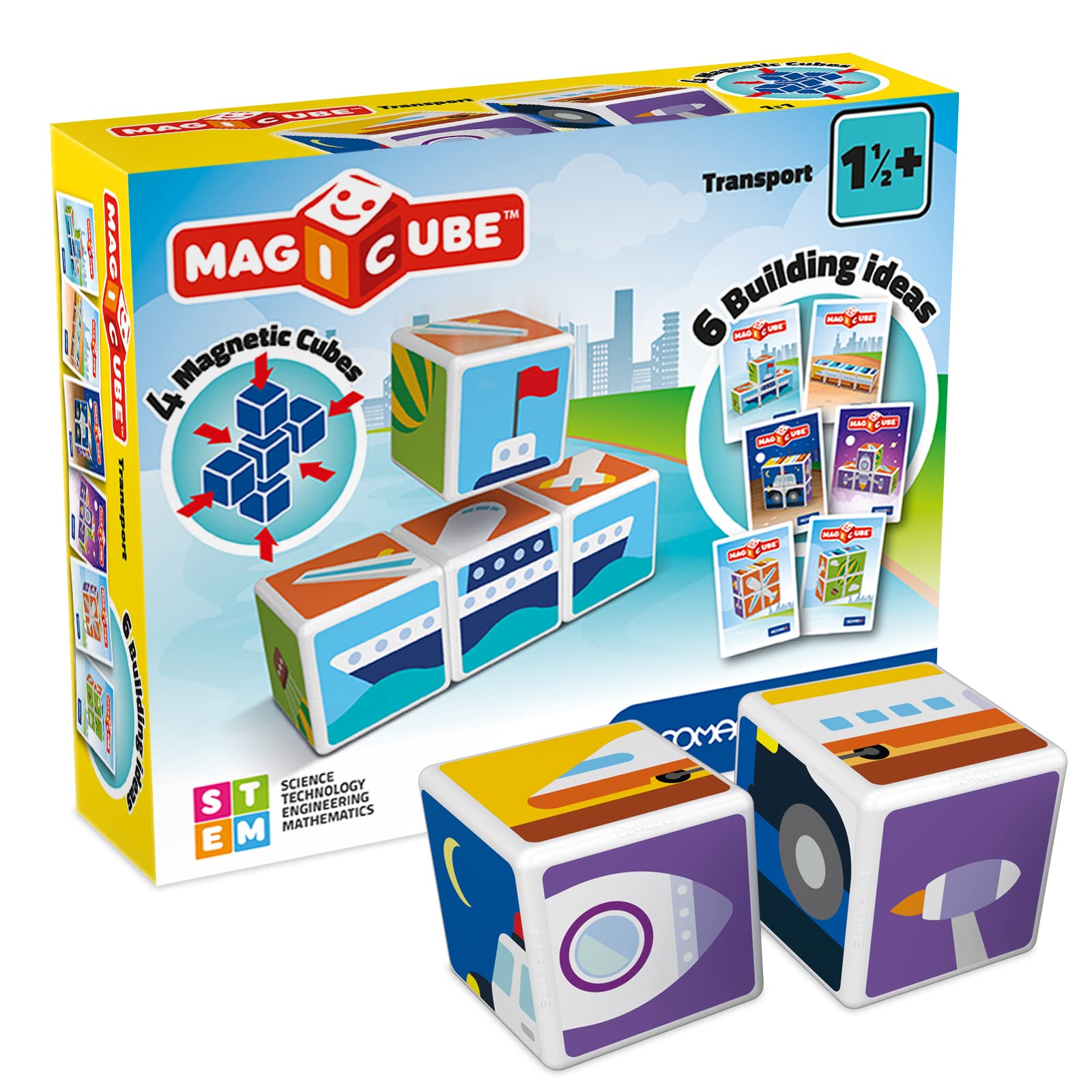 Geomag Magicube Transport 4-Piece Magnetic Stacking Cubes Building Set, Toddlers & Kids Ages 1.5 And Up, Stem Educational Toy, Swiss-Made, Creativity, Imagination, Learning, 6 Adorable Building Ideas