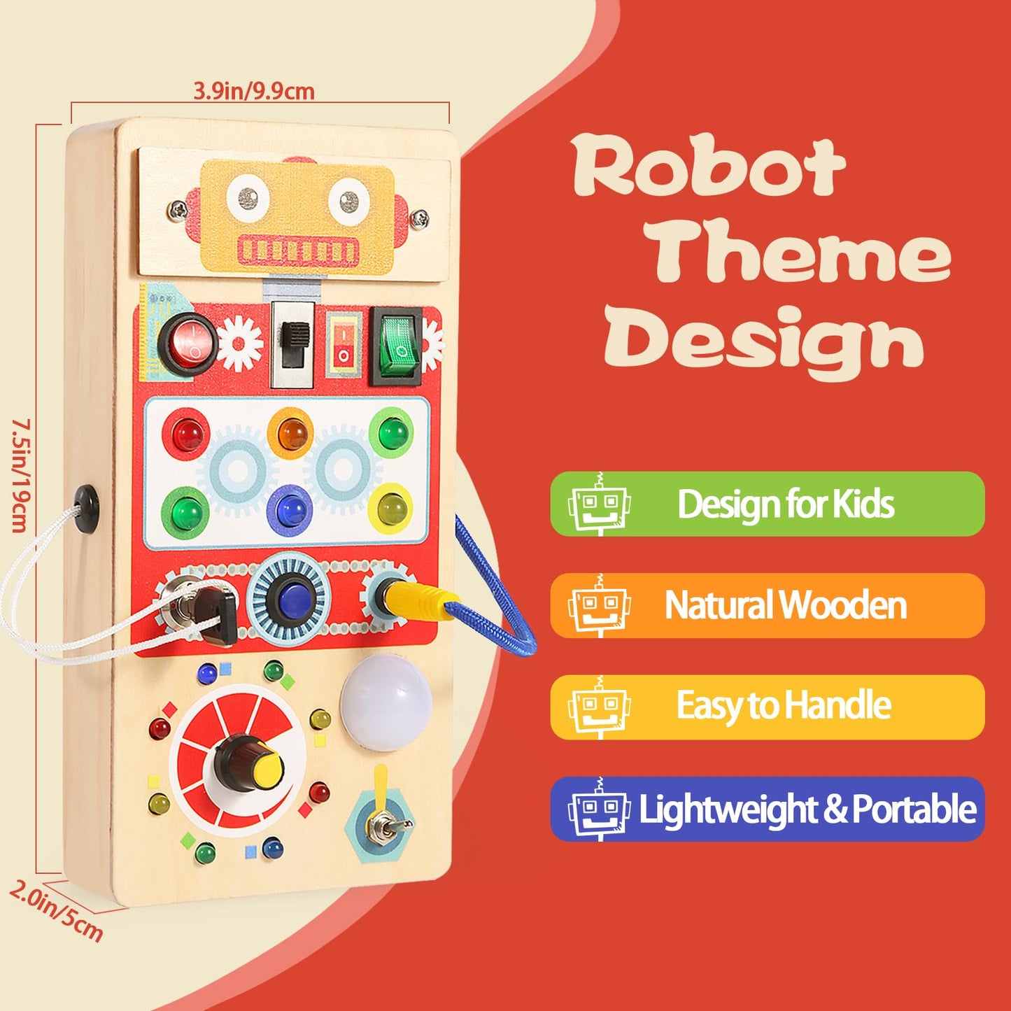 Asweets Montessori Wooden Busy Board Toy for Toddler, Red Robot Sensory Board with 8 LED Shape Light Switches, Travel & Gift Toy