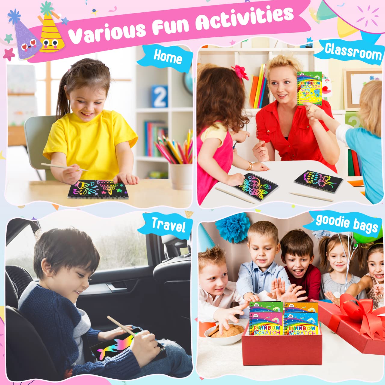 Zmlm Scratch Art Party Favors: 4 Pack Rainbow Scratch Paper Art Set For Kids 3-12 Years Old Art And Craft Notebook Girl Boy Birthday Gift Goodie Bag Stuffers(5 Wooden Stylus & 4 Drawing Stencils)