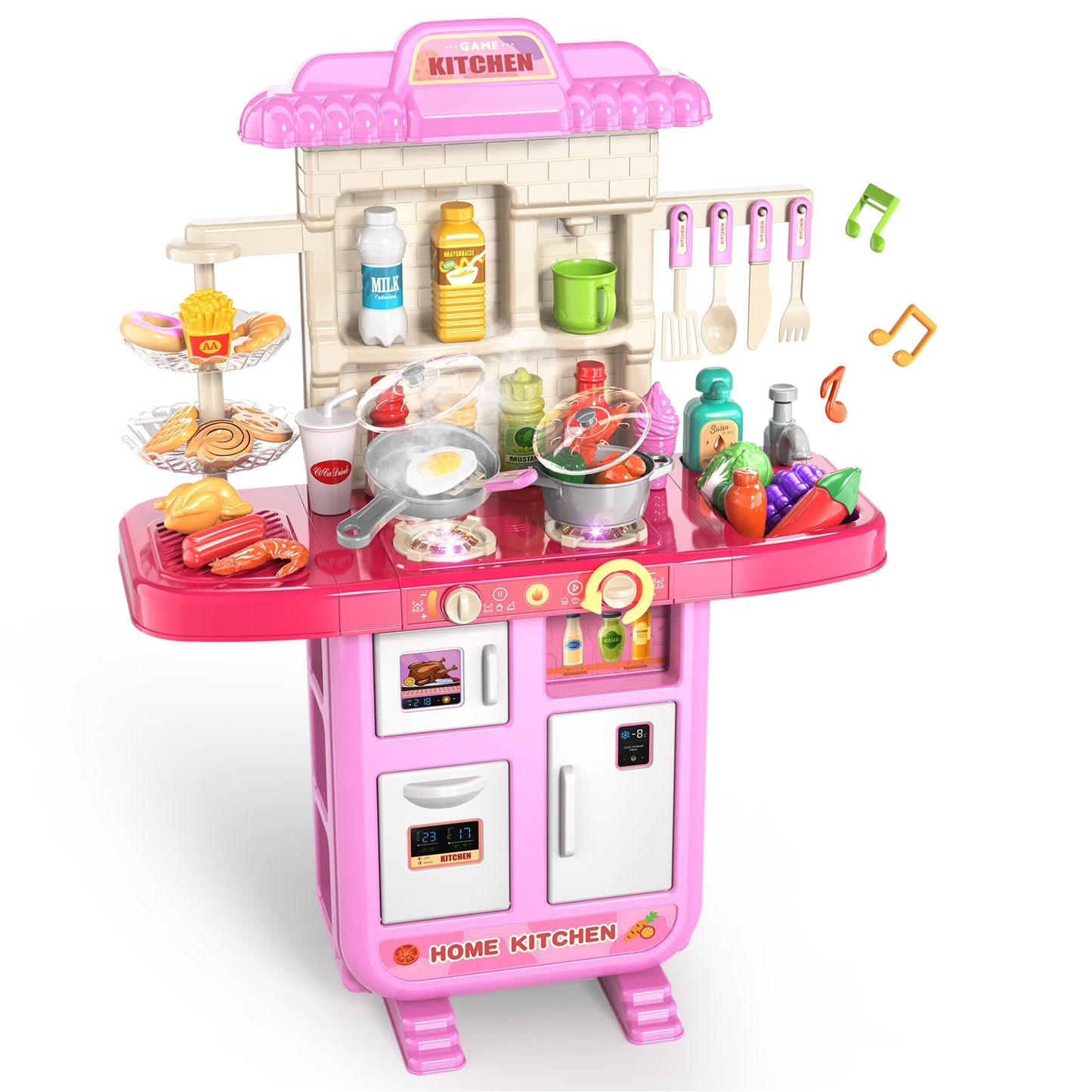 Toddler Kids Kitchen Playset, Play Kitchen Set with Sounds and Lights for Toddlers Kids 3-5 6-8, Pretend Food Toy Kitchens Chris