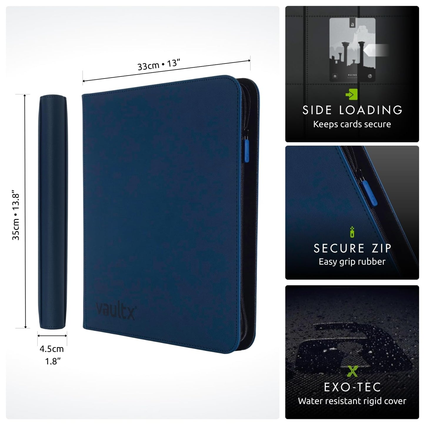 Vault X 12 Pocket Trading Card Zip Binder - 480 cards  enhanced Exo-Tec Album Material  20 Side-Loading Pages  Folder for Collectible Card Games  Sports  TCG (Blue)