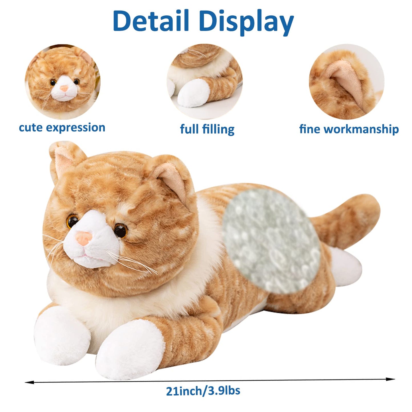 Litence Cat Weighted Plush Toy, 21" Orange Cat Pillow, 3.9 lbs Realistic Stuffed Animal for Kids, Cute Kitten Gift