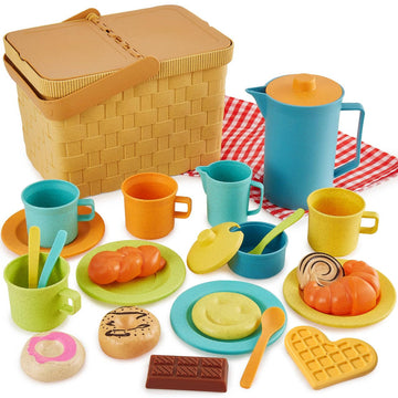HERSITY Picnic Basket Toys for Toddlers, Kids Play Tea Sets with Teapot Tea Cup Dessert Food and Mat, Pretend Play Kitchen Acces