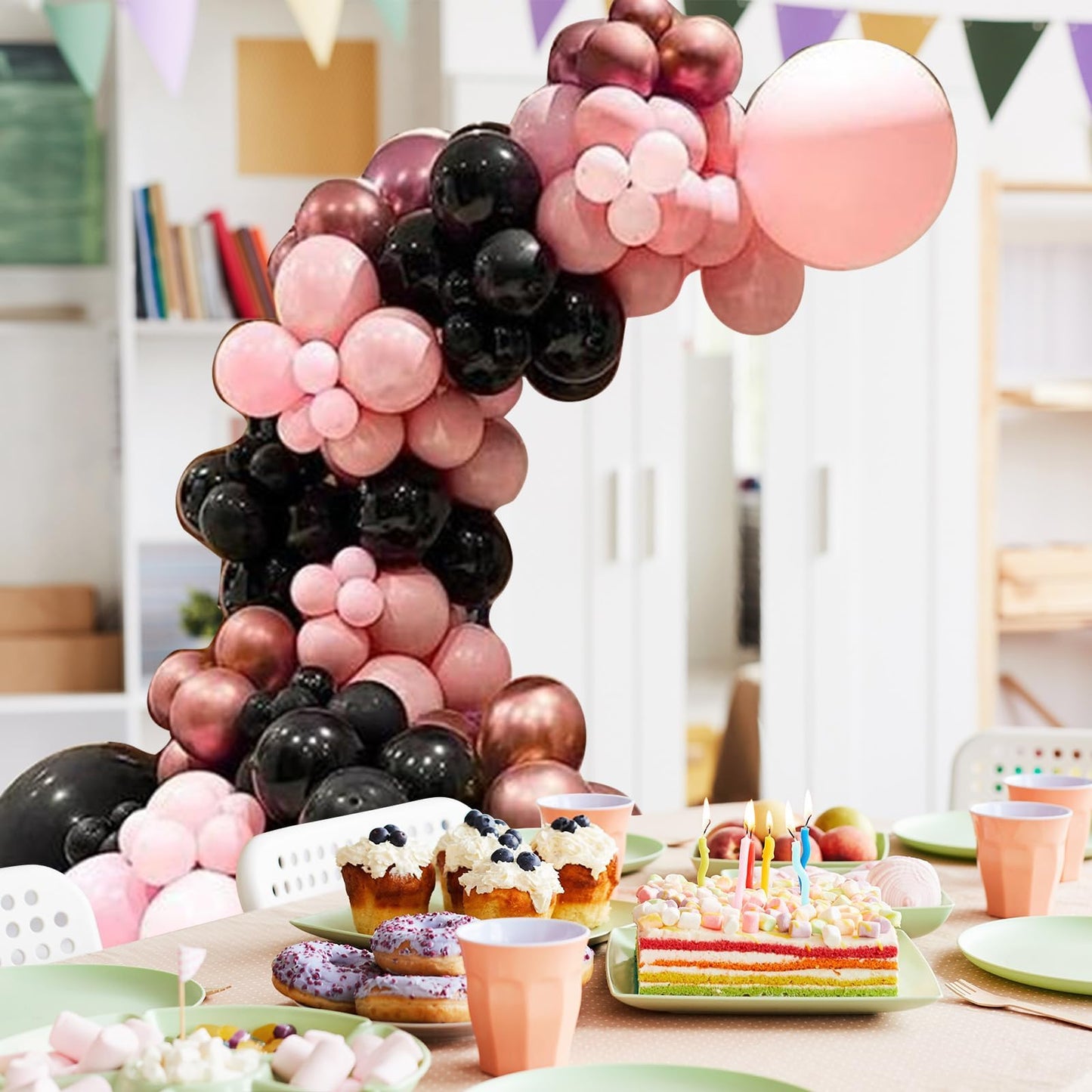 Pink And Black Balloon Arch Kit, Light Pink And Black Balloons Garland With Metallic Rose Gold Balloons, Baby Pink Balloons For