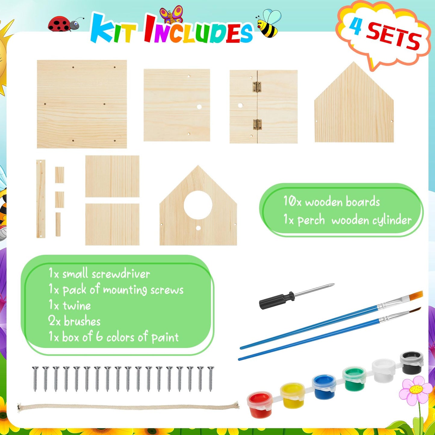 Liliful 8 Set Wooden DIY Birdhouse Kit for Adults Unfinished Wooden Bird Houses with Paints and Paintbrushes Hanging Woodworking