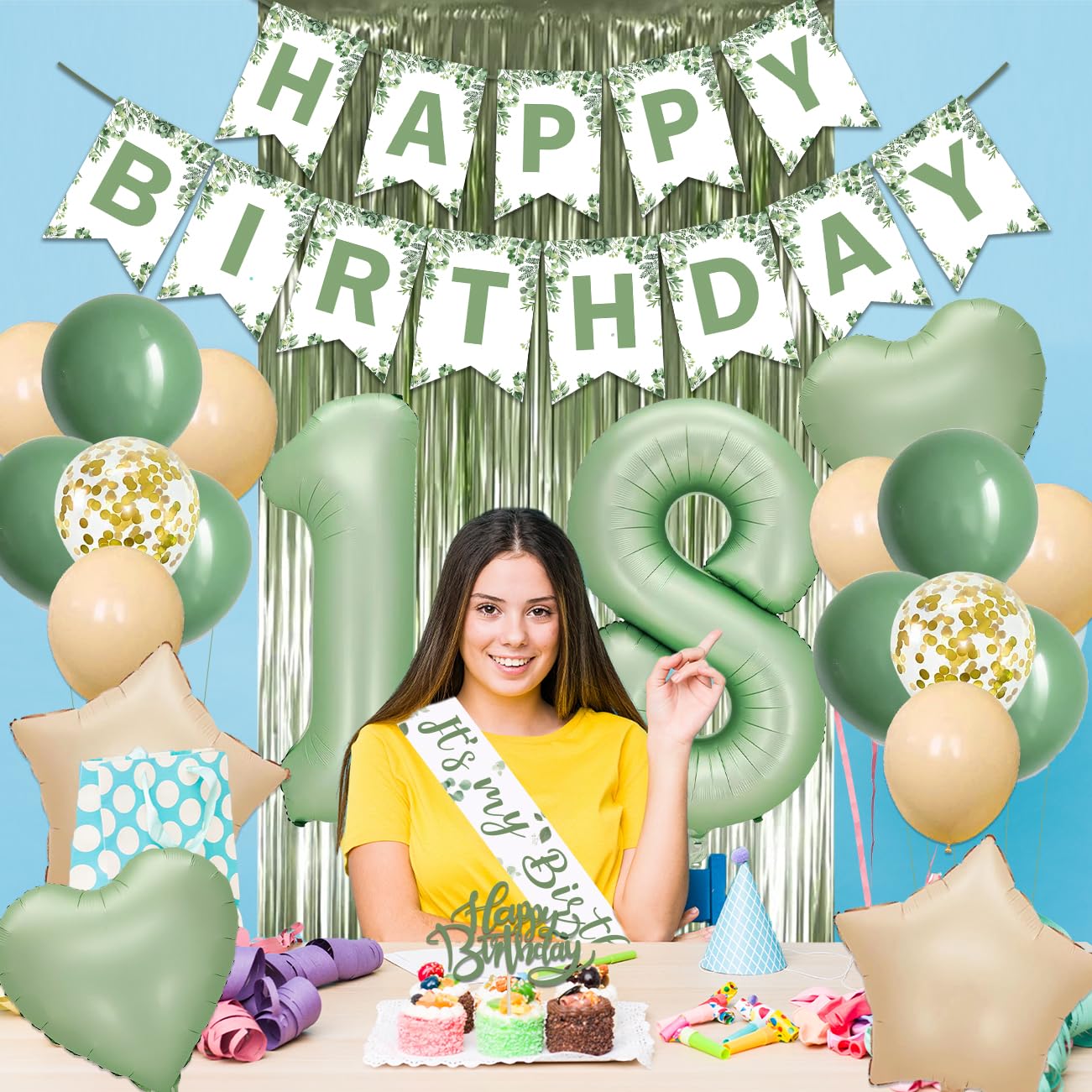 18Th Birthday Decorations For Girls, Sage Green 18Th Birthday Decorations Green Gold Balloons Happy Birthday Banner Sash For 18Th Birthday Party Decor