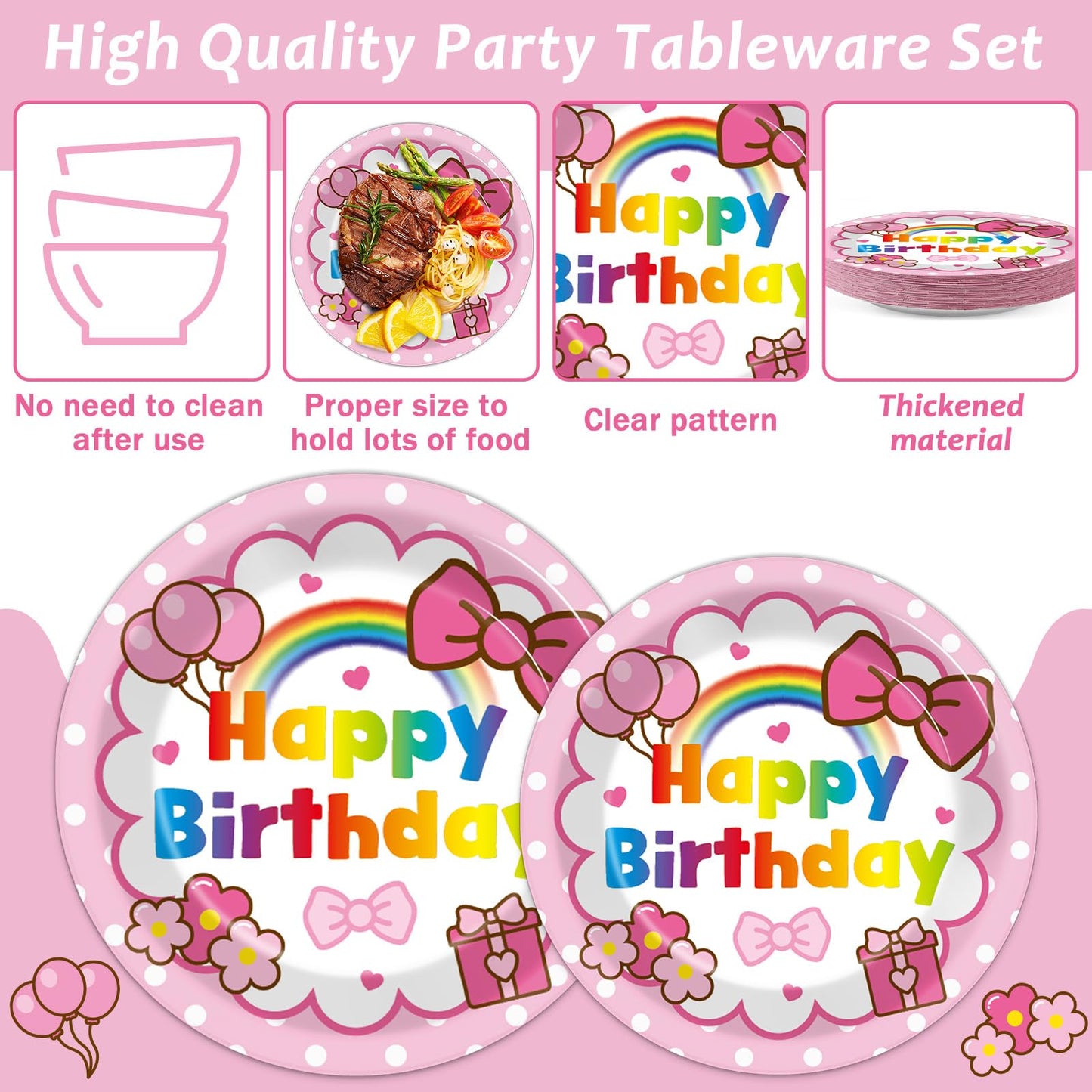 96Pcs Pink Cat Birthday Party Supplies Cartoon Cute Cat Paper Plates and Napkins Pink Bow Rainbow Disposable Tableware Set for B