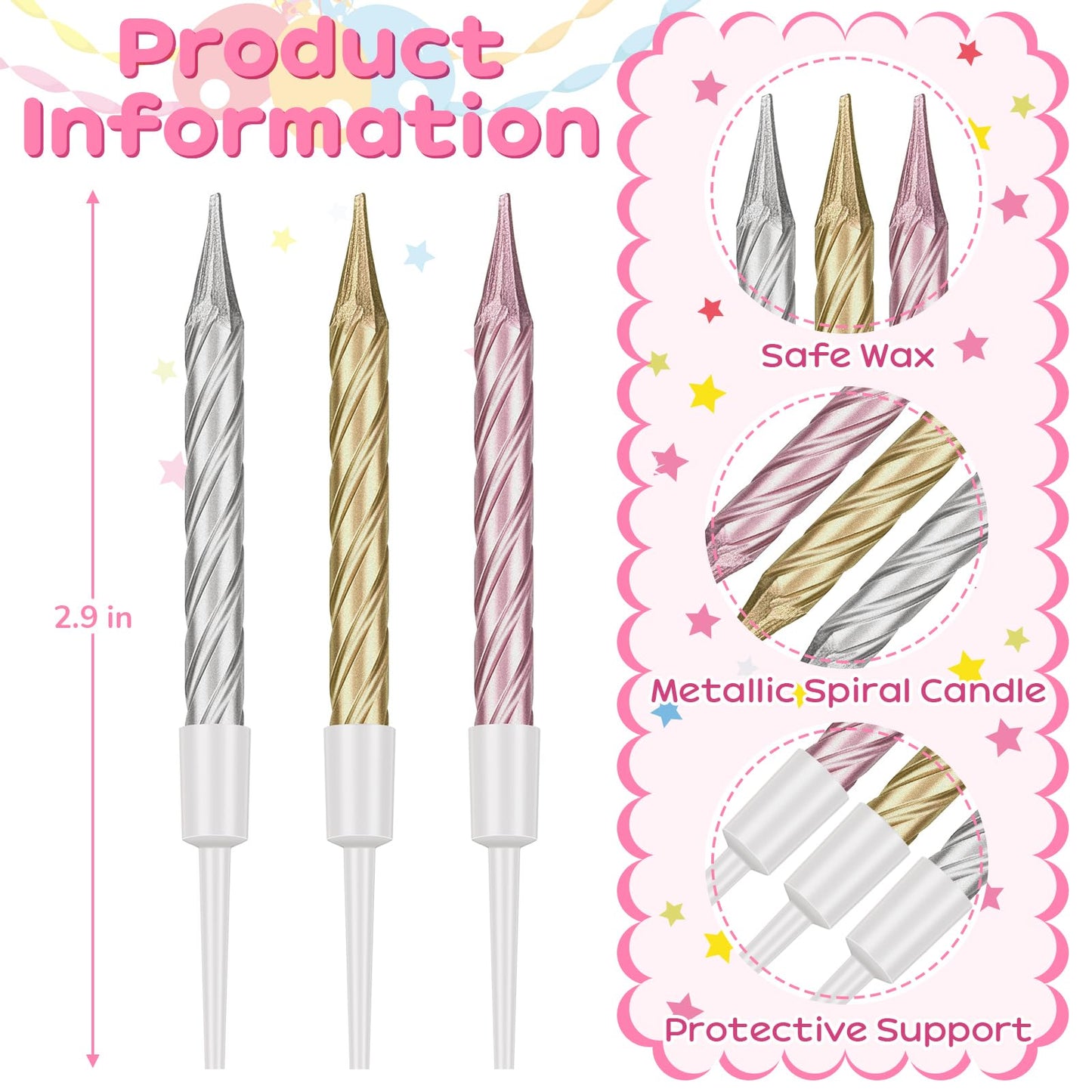 60 Pieces Gold Birthday Candles Spiral Cake Candles Metallic Cake Cupcake Candles Short Thin Birthday Candles with Holders for B