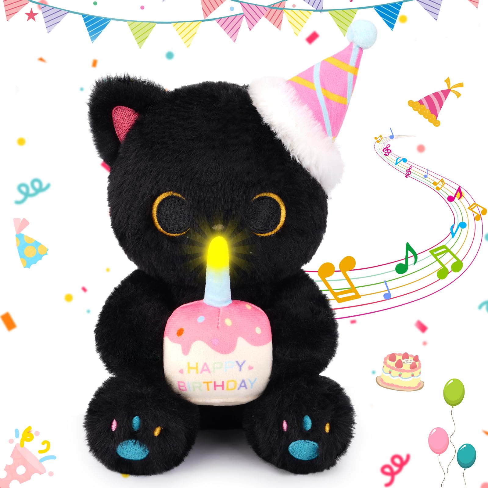 Prewplam Black Cat Plush - Happy Birthday Singing & Glow Plush, Electric Black Cat Stuffed Animal with Light-Up Cake, Birthday P