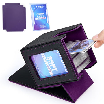 Uaono Card Deck Box With Mtg Commander Display, Deck Case Holds 100+ Double-Sleeved Cards, Trading Card Storage Box Fits Tcg/Ptcg/Sports Card With 2 Dividers, 1 Toploader (Black, Purple)