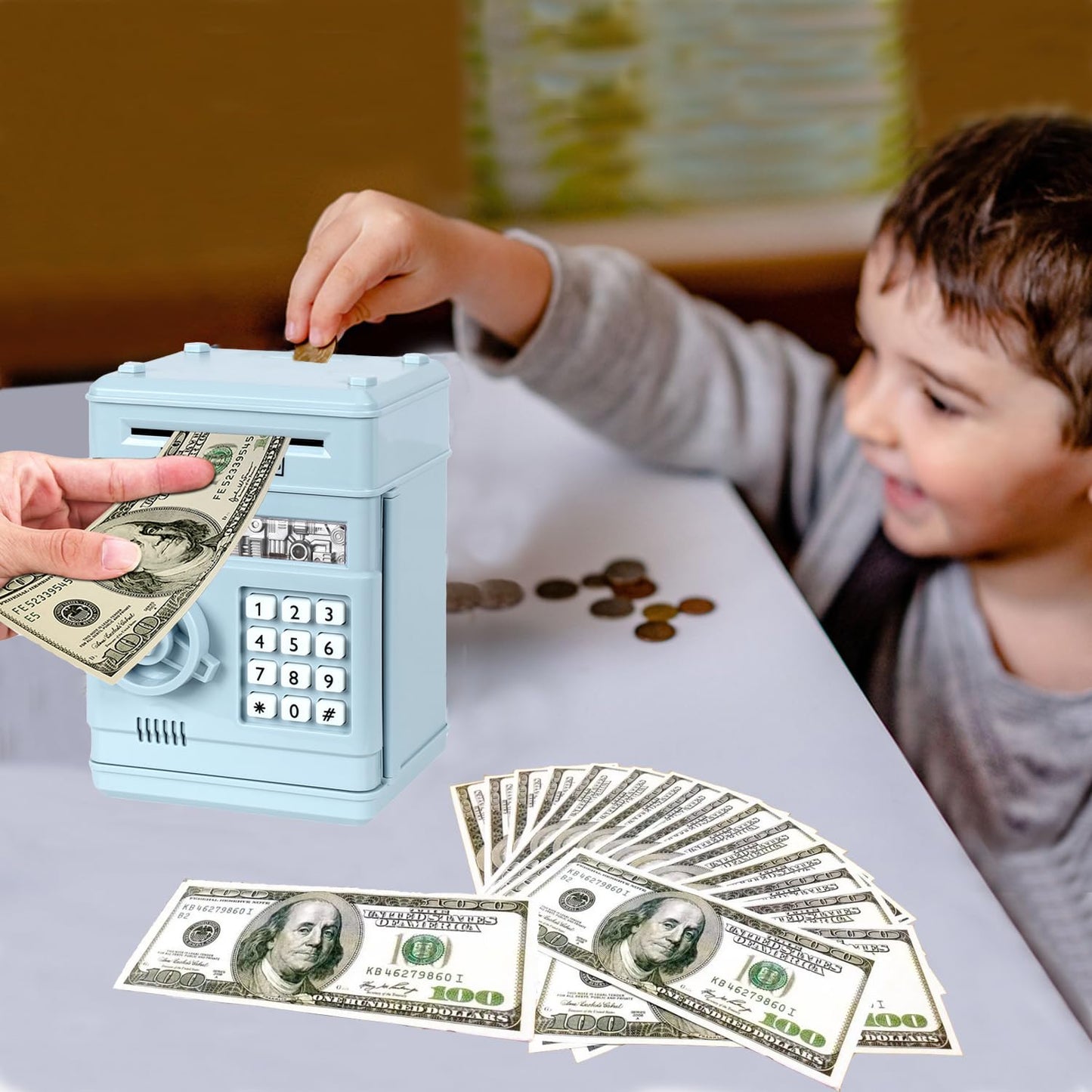 Renvdsa Cartoon Electronic Atm Password Piggy Bank Cash Coin Can Auto Scroll Paper Money Saving Box Gift For Kids (Light Blue)