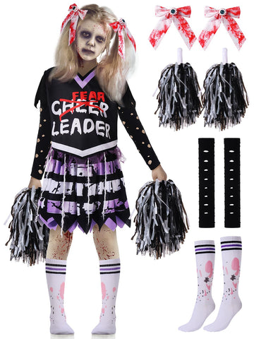Zombie Cheerleader Halloween Costume For Girls, Bloody Scary Dead Cheerleader Costumes For Make Up Party For Kids Age 8-10, Disf
