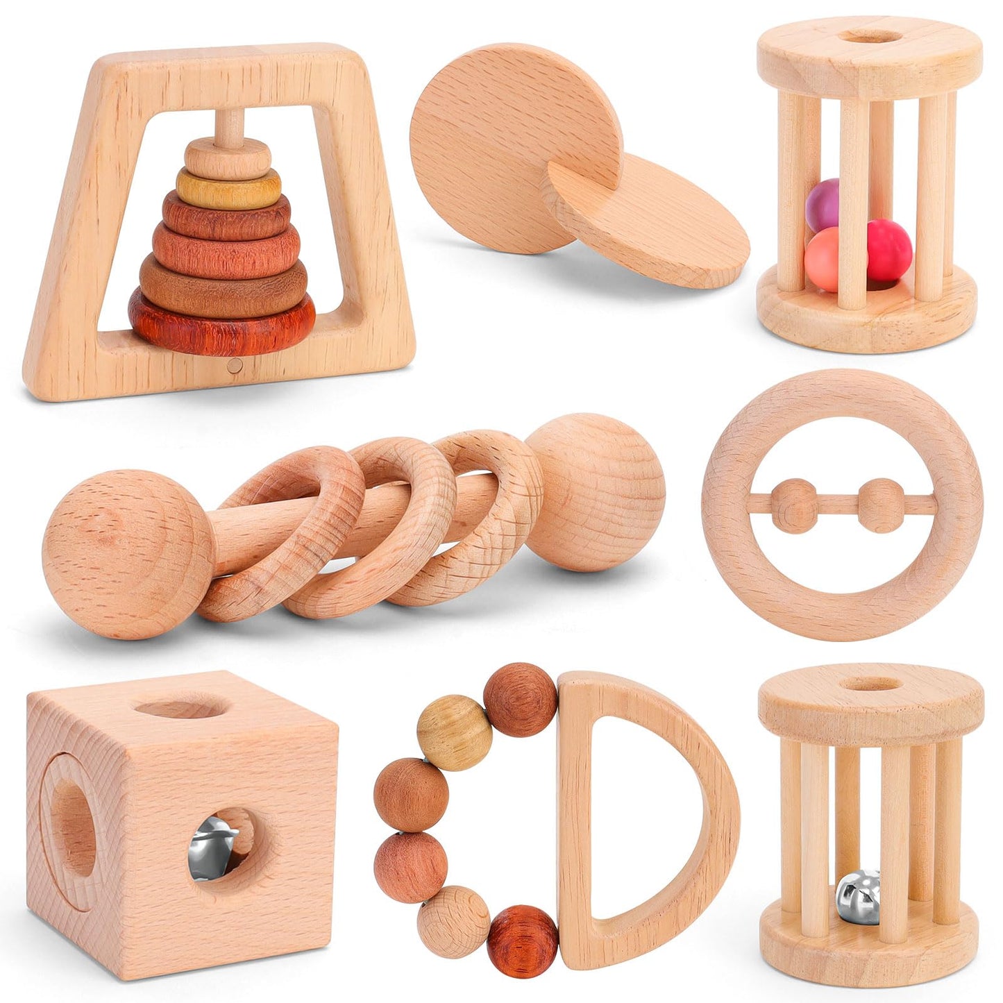 8 Pieces Montessori Baby Wooden Toys For 0-6-12 Months Babies, Wood Rattles And Teethers Toy Set With Bells For Newborn Infant B
