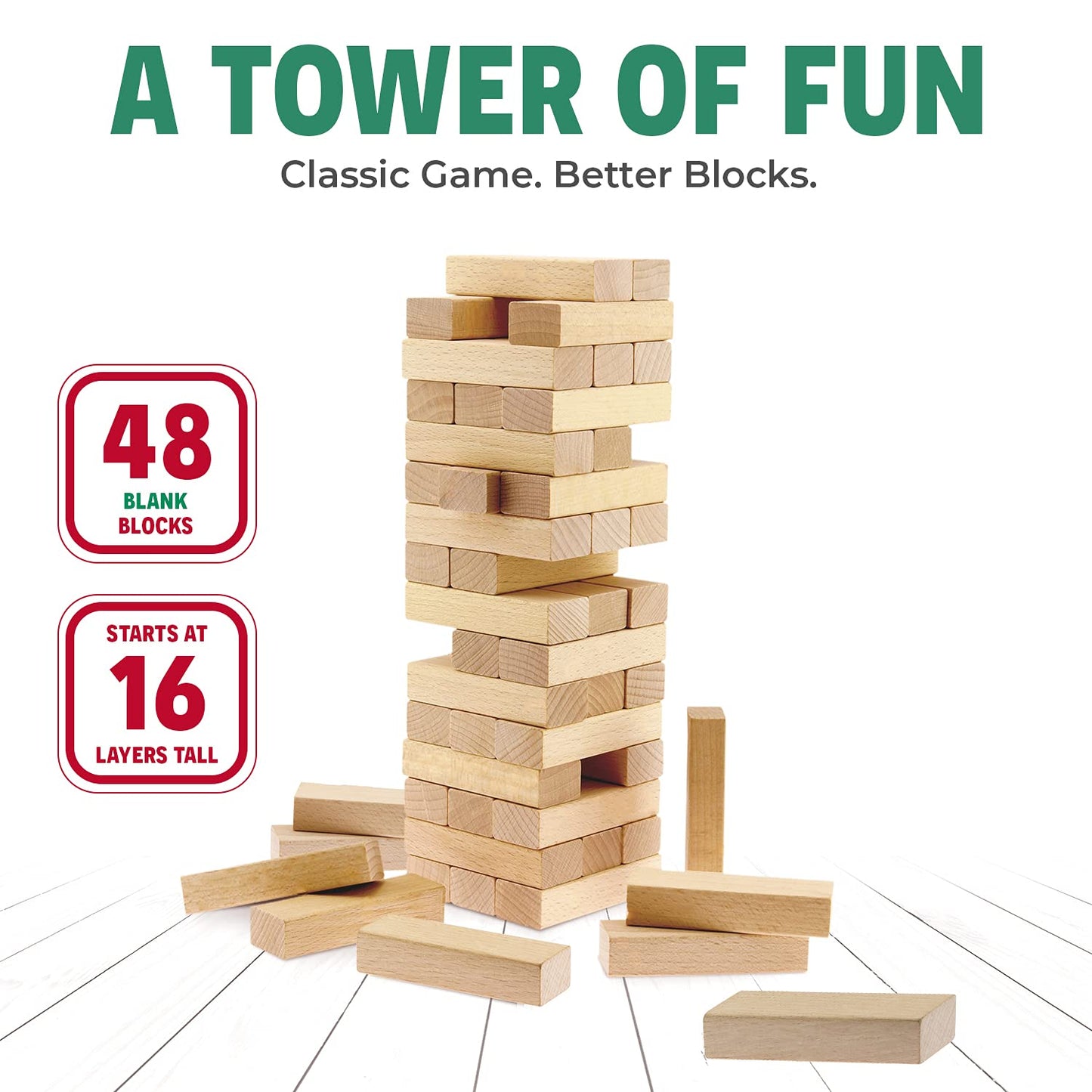CoolToys Timber Tower Wood Block Stacking Game, 48 Pieces, Original Edition, Wood Material