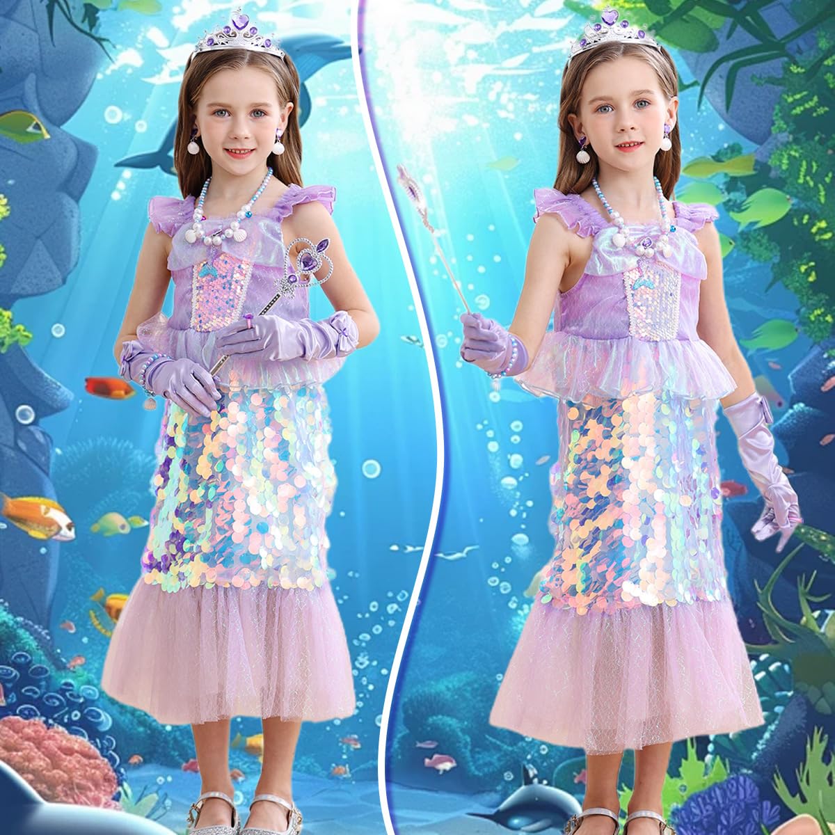 Luzlen Little Girls Mermaid Princess Costume Sequins Party Dress For Toddler Kids Baby Halloween Dress Up With Accessories, Purple, 7-8 Years(Tag 150)