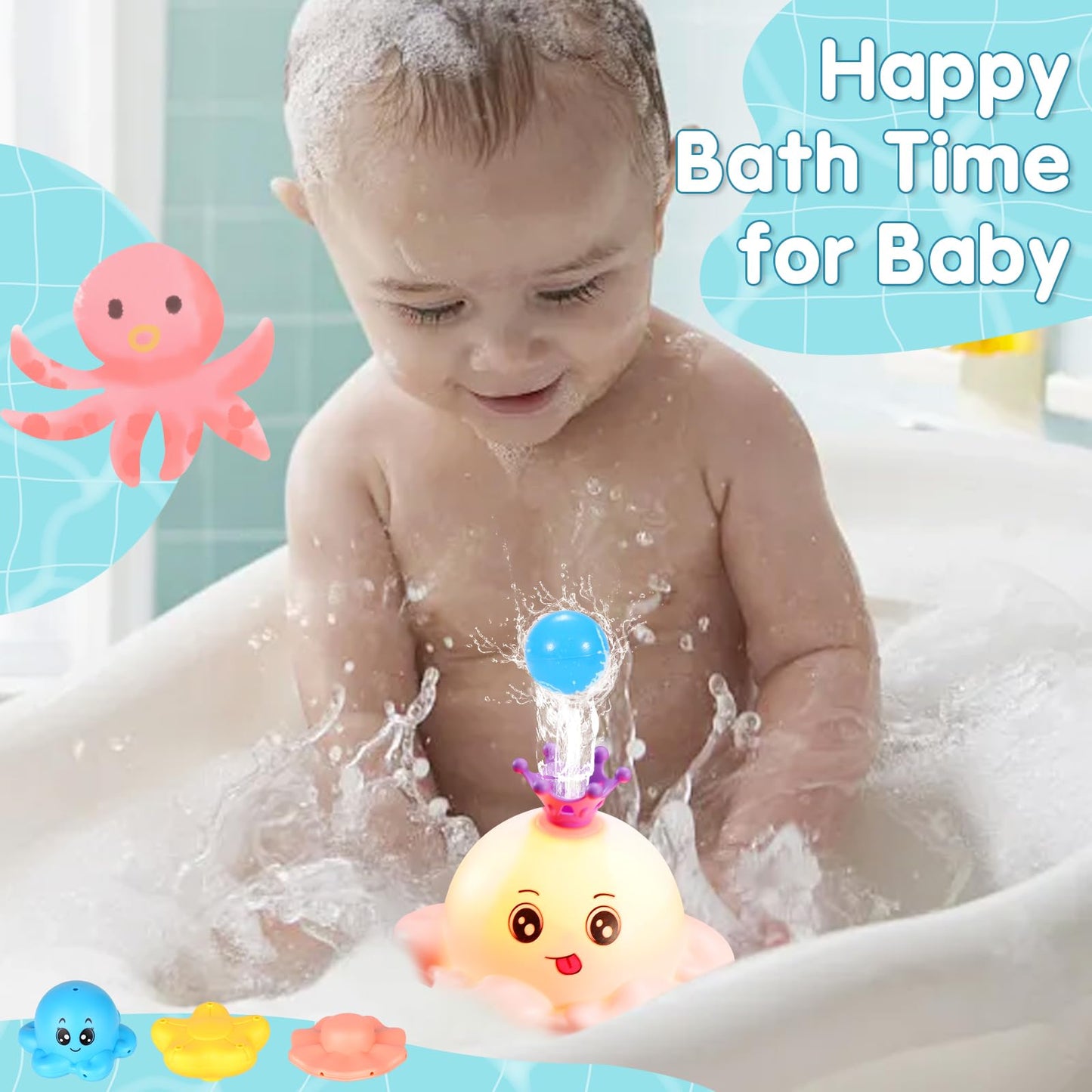 4 Modes Octopus Bath Toys, Rechargeable Baby Bath Toys, Light Up Bath Toys Sprinkler Bathtub Toys For Toddlers Infant Kids, Auto