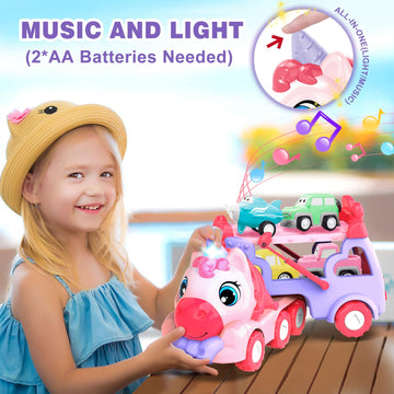 seveclotree Toys for 1 2 3 Year Old Girl, 5-in-1 Unicorn Toys Carrier Truck Toy Cars with Light & Sound,Girl Toddler Toys Age 2-