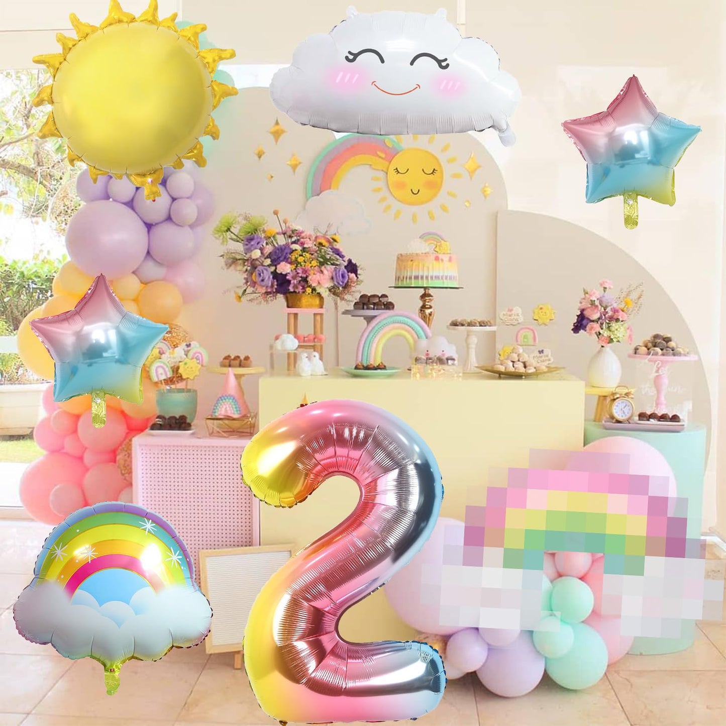 Rainbow Balloons 2Nd Birthday Decorations For Girls, Rainbow Birthday Balloons Set 2 Year Old Birthday Decorations With Sun Rain