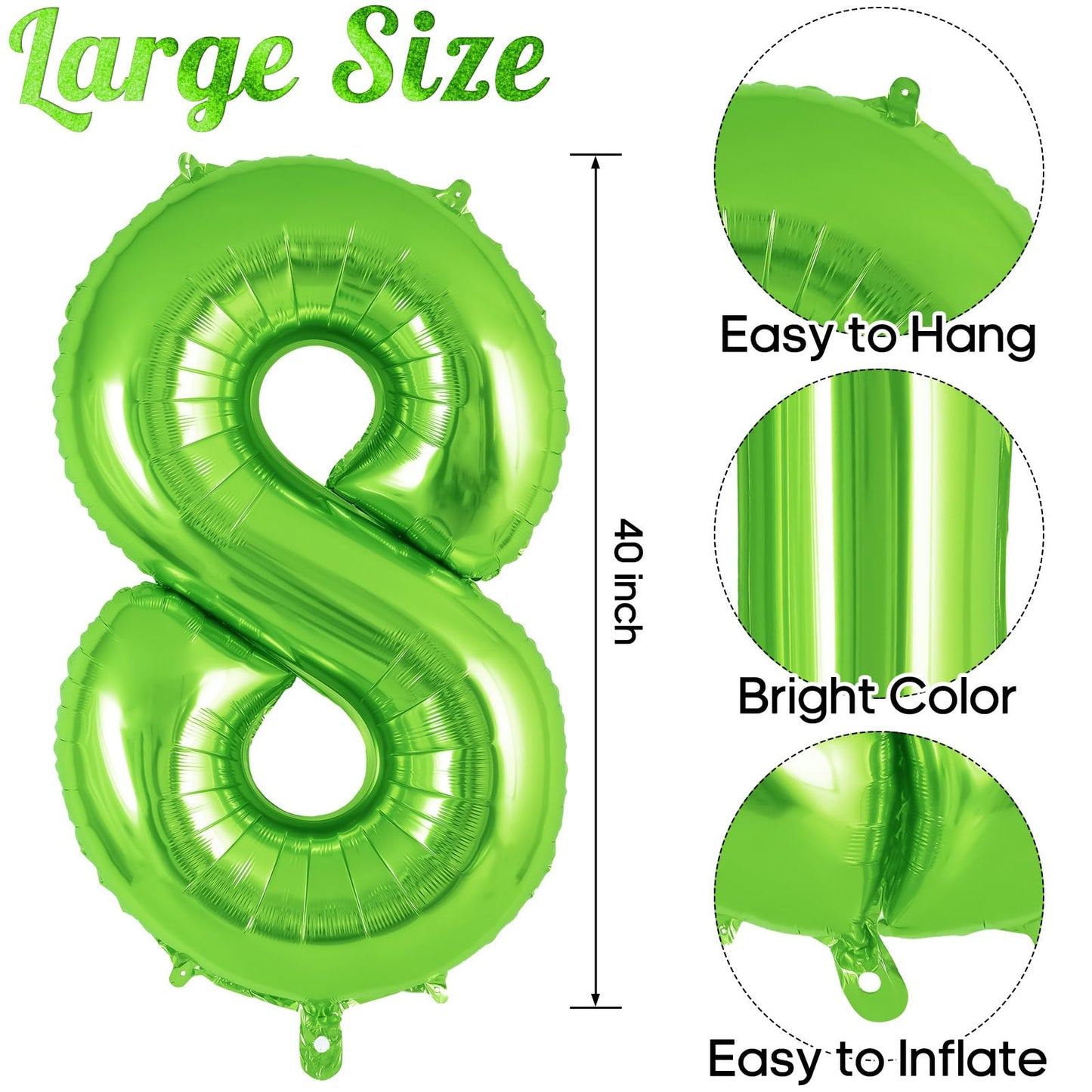 Green Number 8 Balloon 40 Inch, Big Large Foil Helium Number Balloons, Jumbo Giant Mylar Number 8 Balloons For 8 Year Old Birthd