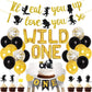 JOYMEMO Wild One Birthday Party Decorations Set, Black Gold Wild One Balloons, I ll Eat You Up I Love You So Banner, Cake Toppe