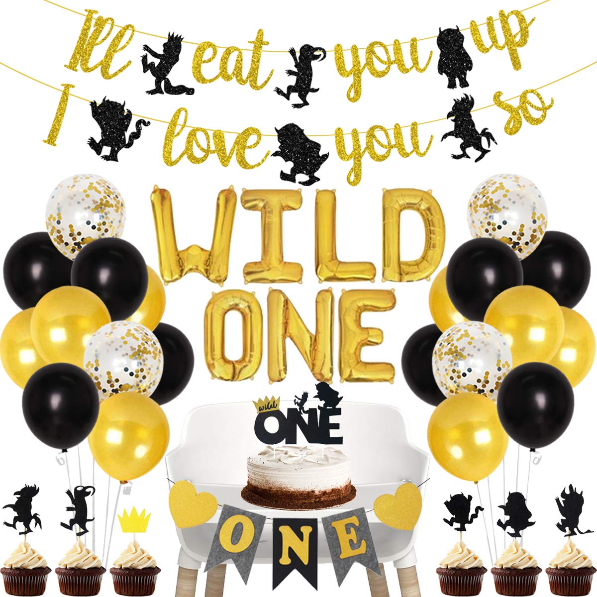 JOYMEMO Wild One Birthday Party Decorations Set, Black Gold Wild One Balloons, I ll Eat You Up I Love You So Banner, Cake Toppe