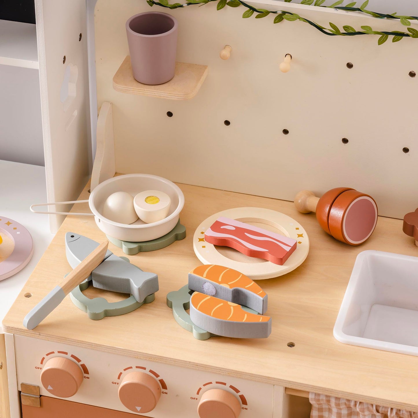 Robotime Wooden Play Food Cutting Meat & Eggs Set, Pretend Play Toy Food For Play Kitchen With Shopping Bag - Kids Kitchen Acces