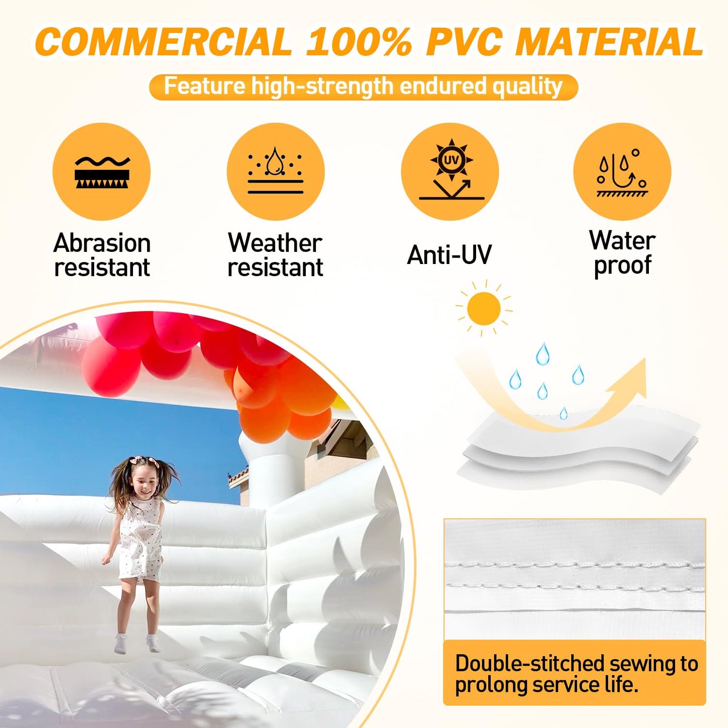 WARSUN Inflatable White Bounce House 13x12x10FT with Blower All PVC Bouncy House Castle with Large Jumping Area & D-Rings Decora