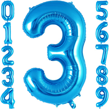 Blue Number 3 Balloon 40 Inch, Big Large Foil Helium Number Balloons, Jumbo Giant Mylar Number 3 Balloons For 3 Third Birthday P