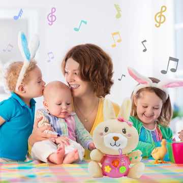 Haptime Baby Bunny Toys 6-12 Months, Infant Toys 0-6 Months, Newborn Girl Music Tummy Toy Plush Stuffed Animal, Baby Easter Basket Stuffers Birthday Shower Gift For 0 1 3 6 9 12 18 Months Girls