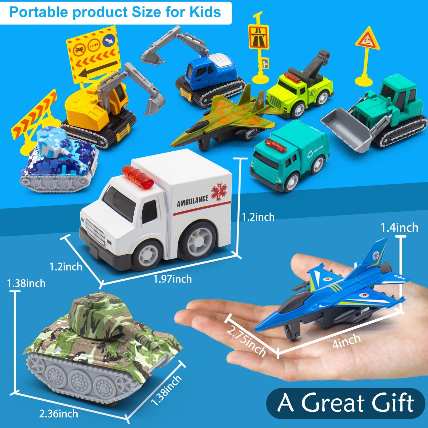 Mostop Die-Cast Mini Pull Back Cars - 18 Piece Toddler Toy Car Bulk Party Favor With Small Construction Vehicles - Car Pack - Pu