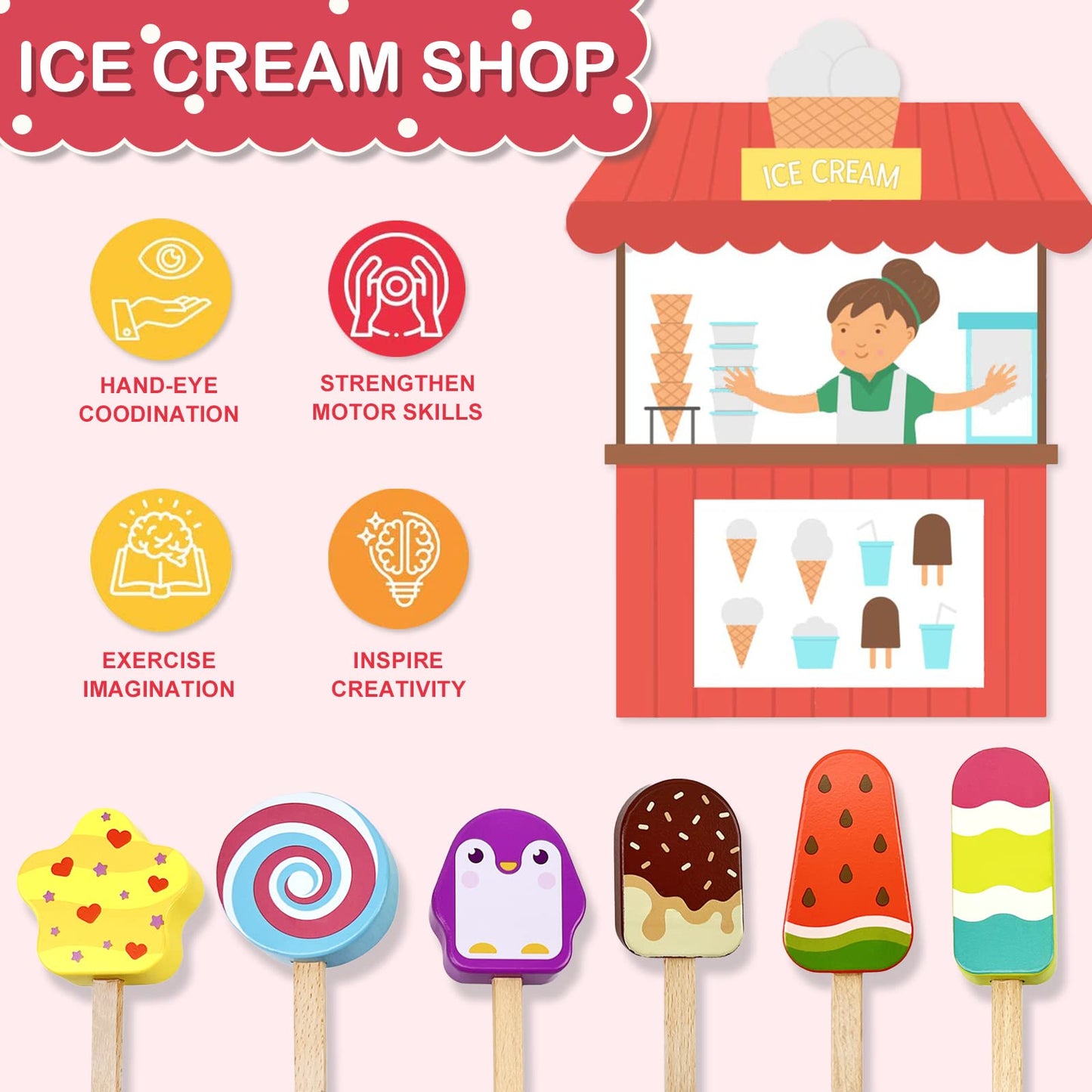 Wooden Ice Cream Toy for Kids, Toddler Pretend Play Food Ice Lolly Pops Set, Preschool Educational Toys and Gifts for Kids Age 3