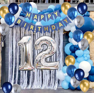 12Th Birthday Party Decoration For Boys, Birthday Banner Blue Number 12 Birthday Balloons Metallic Silver Blue Gold Latex Balloo