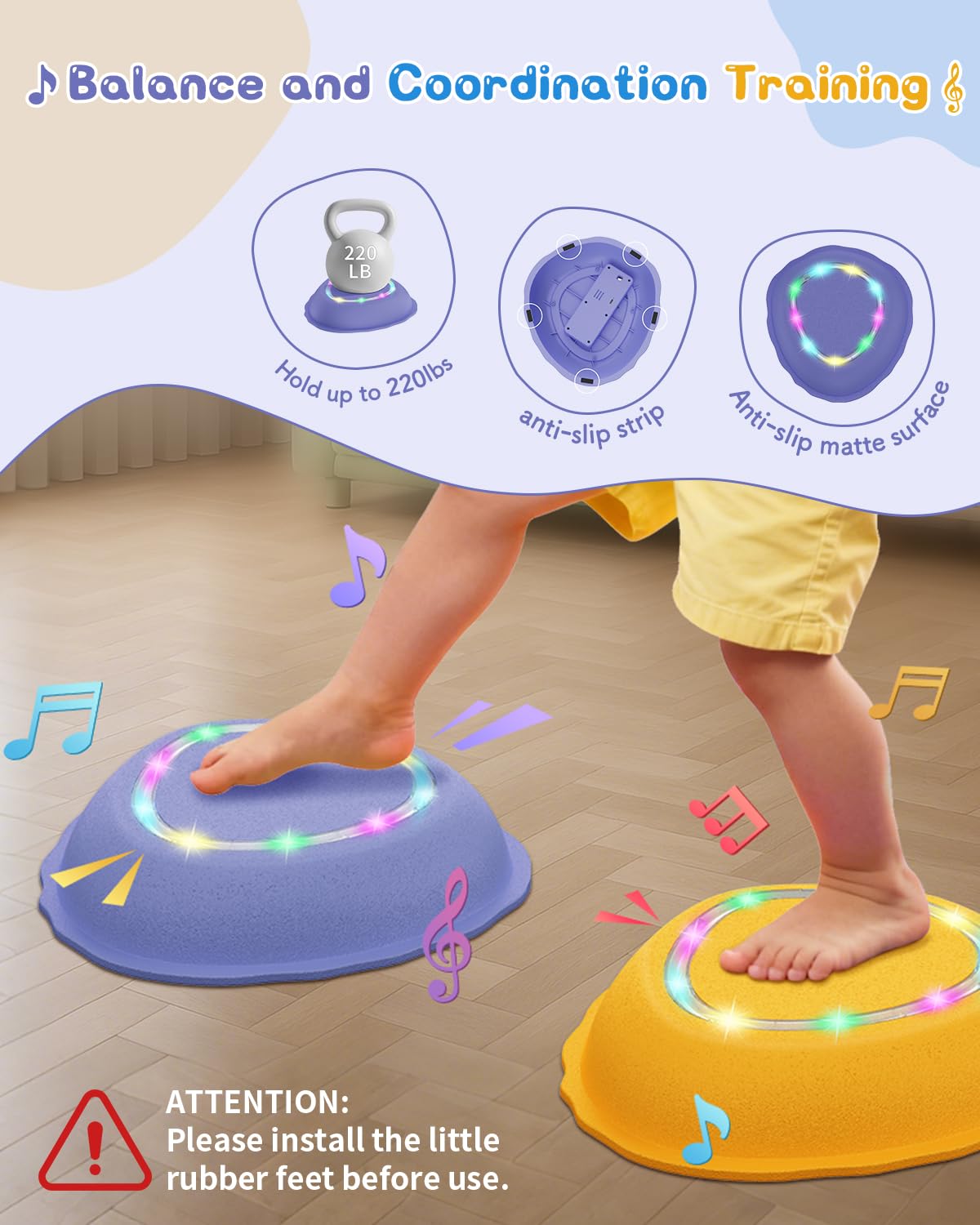 XIUREI Rechargeable Stepping Stones - 6pcs Non-Slip Toddler Toys with Light & Music, Morandi Colors for Kids 3-5 Years Old