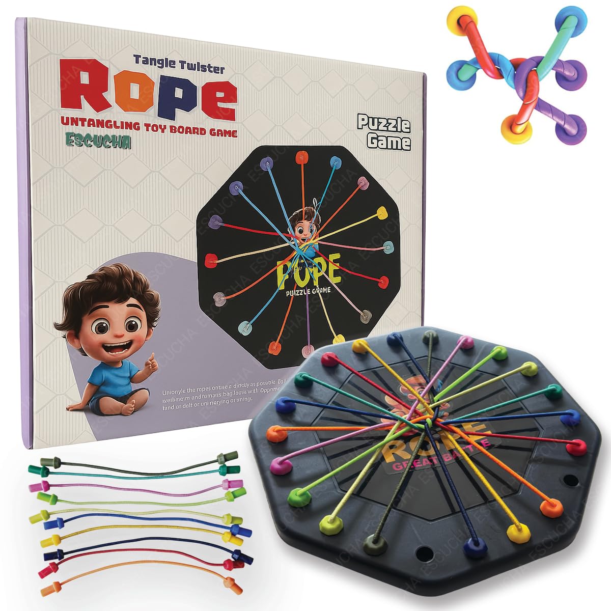 Escucha Rope Untangling Puzzle Game, Educational Strategy Board Game For Kids & Adults, Family Travel Party Games With Multi-Lev