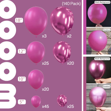PartyWoo Magenta Balloons - 140 pcs Rubber Balloons in 5-18 Inch Sizes for Party Decorations, Multi-1901