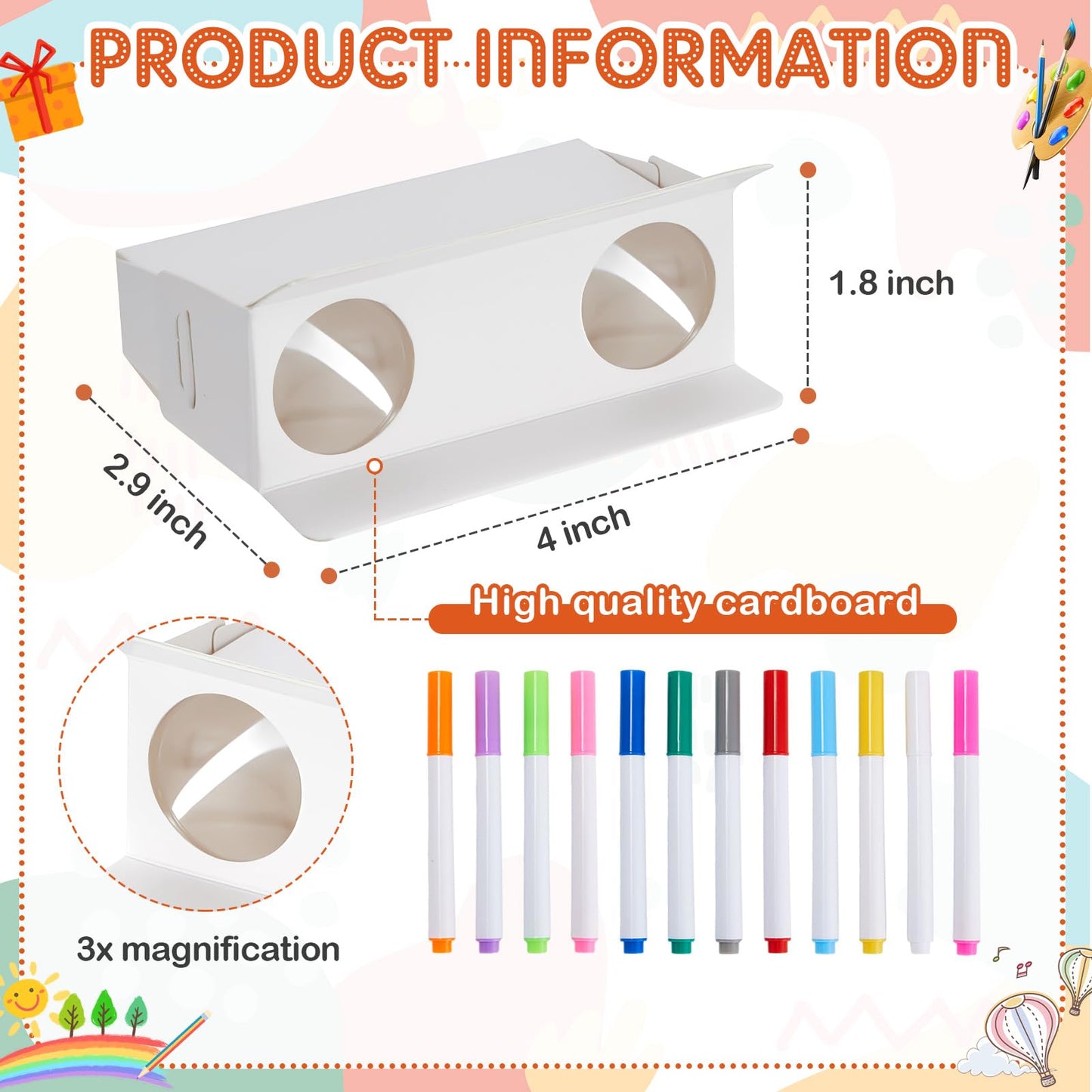 Shappy 30 Pieces Cardboard Folding Binoculars with Coloring Markers Paintable Make Your Own Paper Binocular 3x Magnification DIY