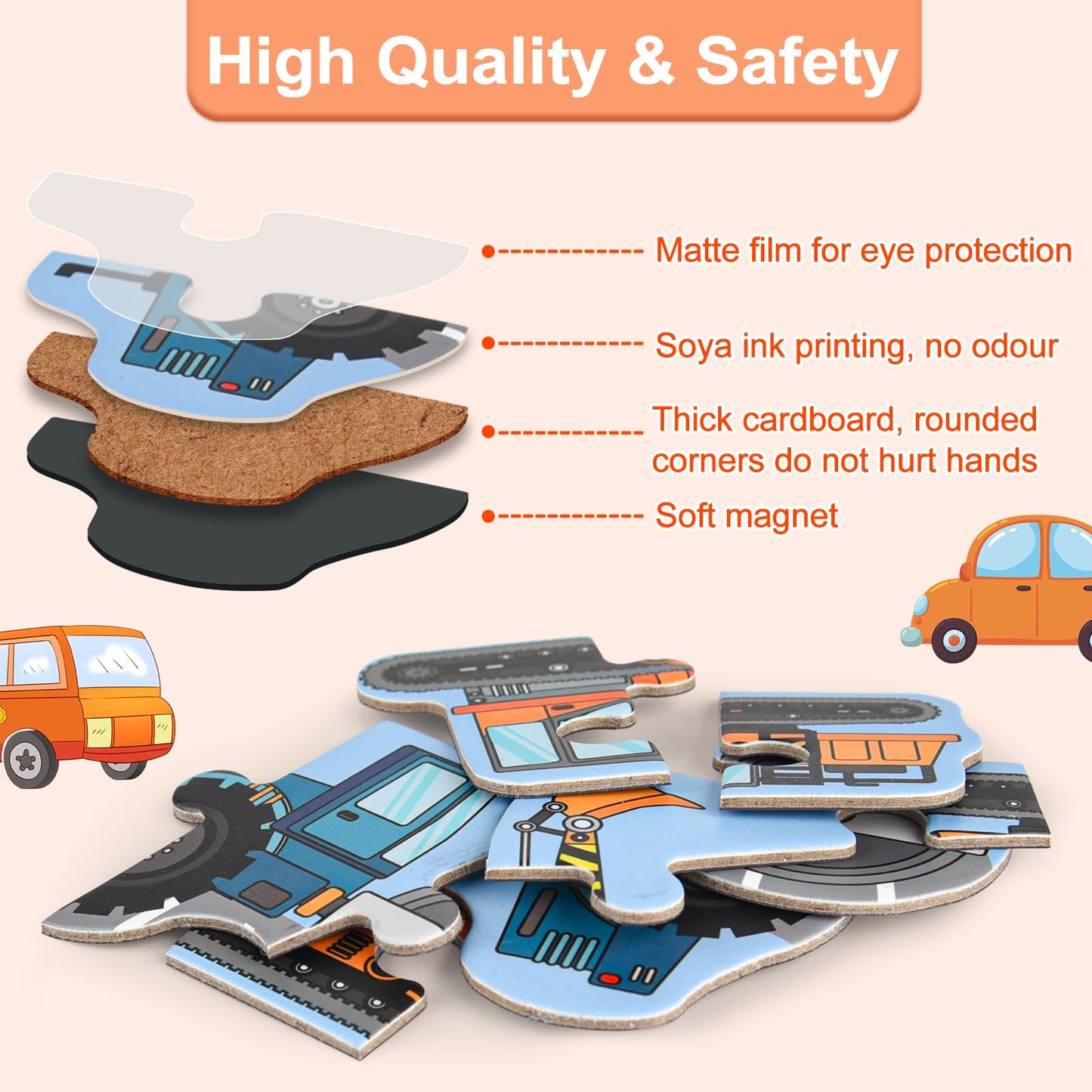 ASTARON 3D Magnetic Puzzle with 60 Puffy Stickers for Toddlers, 41 Pieces Construction Vehicles Toddler Puzzles Preschool Educat